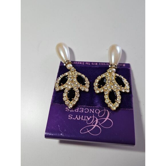 Cathy's Concepts Gold Tone Faux Pearl Black Rhinestone Dangling Earrings - Picture 7 of 9